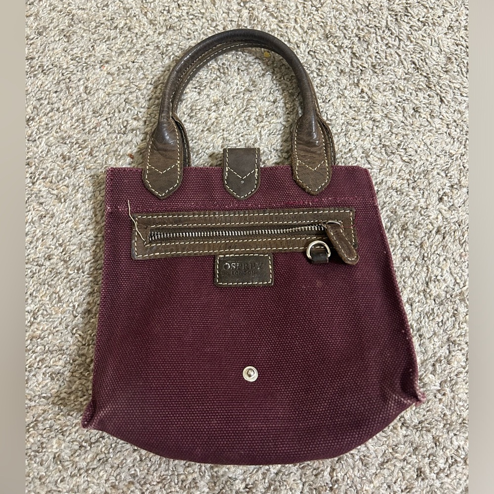 OSPREY London Burgundy Canvas Mini Travel Bag Brown Leather Trim Y2K India Snap
